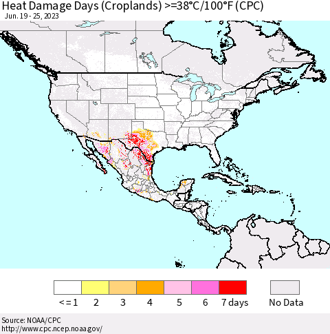 North America Heat Damage Days (Croplands) >=38°C/100°F (CPC) Thematic Map For 6/19/2023 - 6/25/2023
