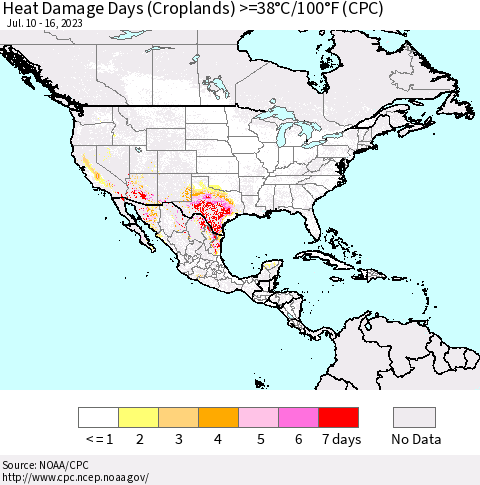North America Heat Damage Days (Croplands) >=38°C/100°F (CPC) Thematic Map For 7/10/2023 - 7/16/2023