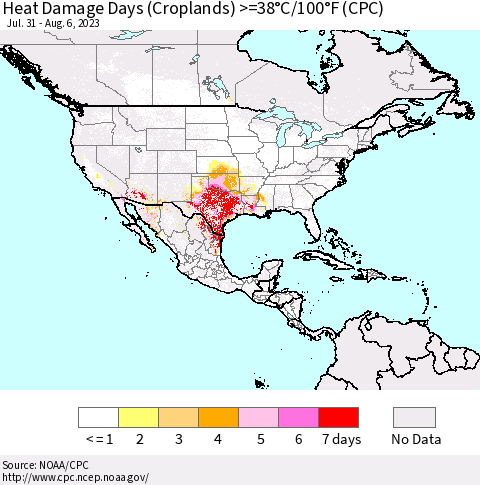 North America Heat Damage Days (Croplands) >=38°C/100°F (CPC) Thematic Map For 7/31/2023 - 8/6/2023