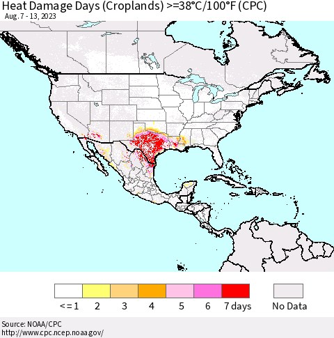 North America Heat Damage Days (Croplands) >=38°C/100°F (CPC) Thematic Map For 8/7/2023 - 8/13/2023