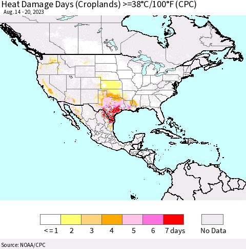 North America Heat Damage Days (Croplands) >=38°C/100°F (CPC) Thematic Map For 8/14/2023 - 8/20/2023
