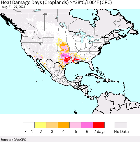 North America Heat Damage Days (Croplands) >=38°C/100°F (CPC) Thematic Map For 8/21/2023 - 8/27/2023