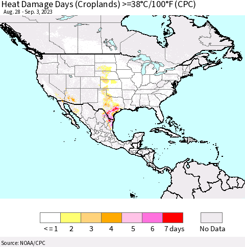 North America Heat Damage Days (Croplands) >=38°C/100°F (CPC) Thematic Map For 8/28/2023 - 9/3/2023