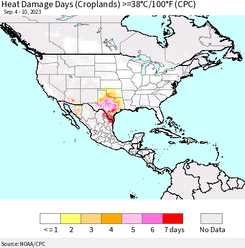 North America Heat Damage Days (Croplands) >=38°C/100°F (CPC) Thematic Map For 9/4/2023 - 9/10/2023