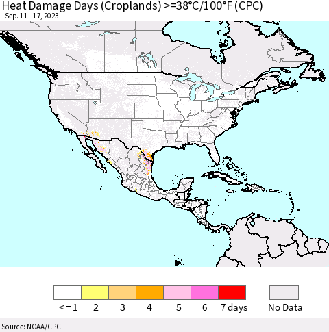 North America Heat Damage Days (Croplands) >=38°C/100°F (CPC) Thematic Map For 9/11/2023 - 9/17/2023