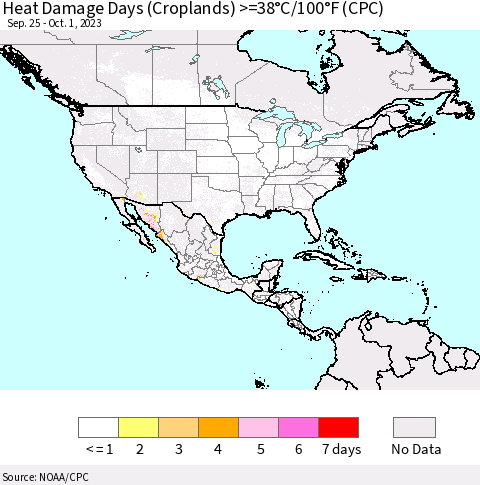 North America Heat Damage Days (Croplands) >=38°C/100°F (CPC) Thematic Map For 9/25/2023 - 10/1/2023