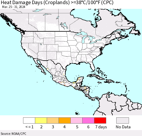 North America Heat Damage Days (Croplands) >=38°C/100°F (CPC) Thematic Map For 3/25/2024 - 3/31/2024