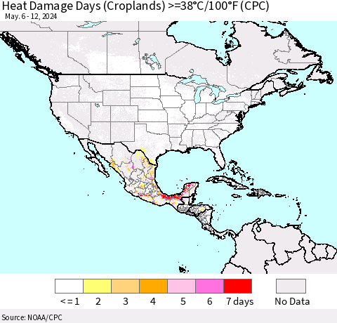 North America Heat Damage Days (Croplands) >=38°C/100°F (CPC) Thematic Map For 5/6/2024 - 5/12/2024