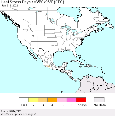 North America Heat Stress Days >=35°C/95°F (CPC) Thematic Map For 1/3/2022 - 1/9/2022