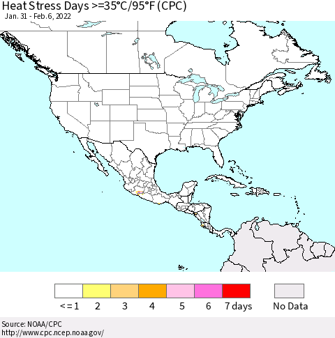 North America Heat Stress Days >=35°C/95°F (CPC) Thematic Map For 1/31/2022 - 2/6/2022