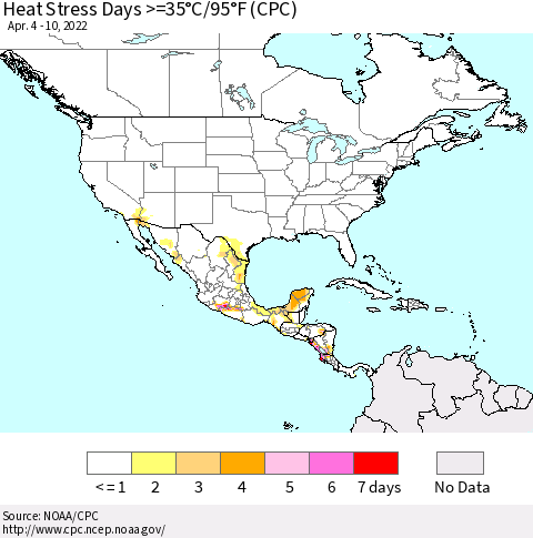 North America Heat Stress Days >=35°C/95°F (CPC) Thematic Map For 4/4/2022 - 4/10/2022