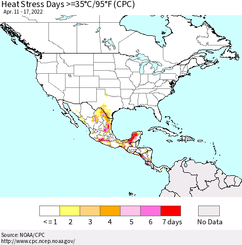 North America Heat Stress Days >=35°C/95°F (CPC) Thematic Map For 4/11/2022 - 4/17/2022