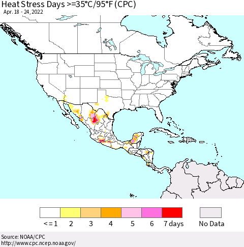 North America Heat Stress Days >=35°C/95°F (CPC) Thematic Map For 4/18/2022 - 4/24/2022