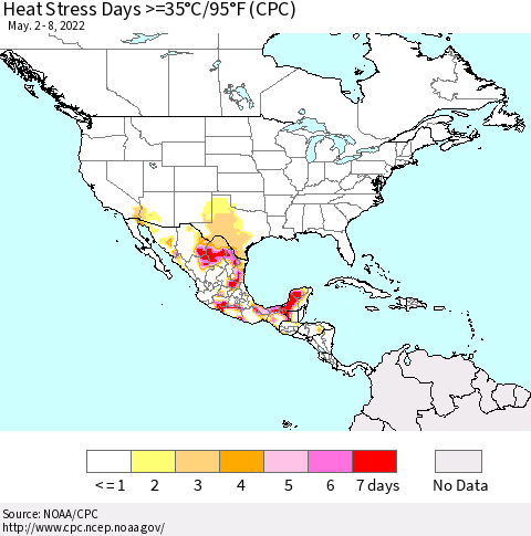 North America Heat Stress Days >=35°C/95°F (CPC) Thematic Map For 5/2/2022 - 5/8/2022