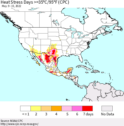 North America Heat Stress Days >=35°C/95°F (CPC) Thematic Map For 5/9/2022 - 5/15/2022