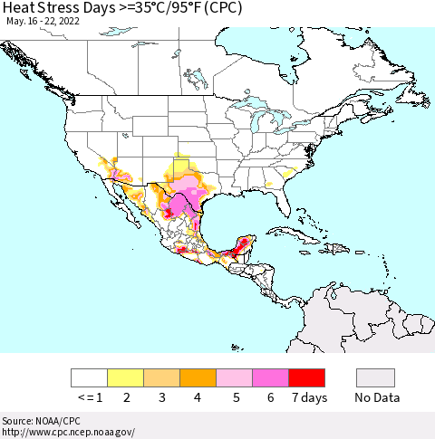 North America Heat Stress Days >=35°C/95°F (CPC) Thematic Map For 5/16/2022 - 5/22/2022