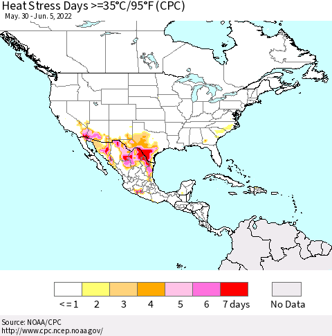 North America Heat Stress Days >=35°C/95°F (CPC) Thematic Map For 5/30/2022 - 6/5/2022