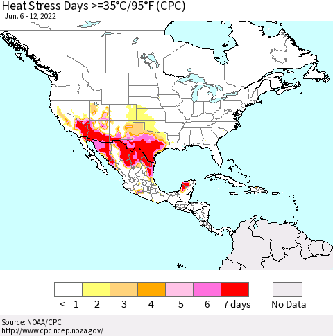 North America Heat Stress Days >=35°C/95°F (CPC) Thematic Map For 6/6/2022 - 6/12/2022