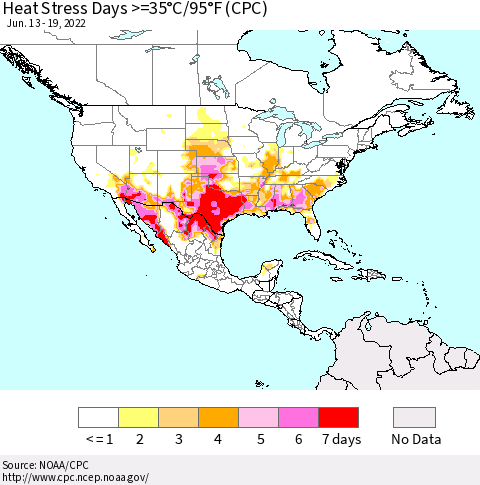 North America Heat Stress Days >=35°C/95°F (CPC) Thematic Map For 6/13/2022 - 6/19/2022