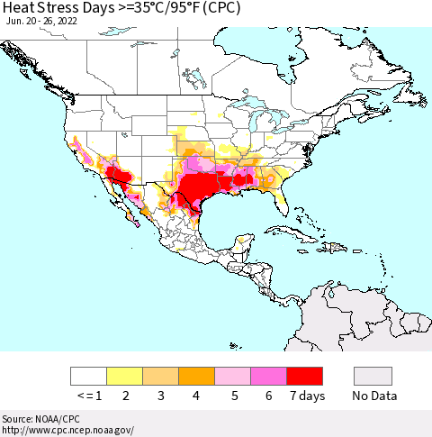 North America Heat Stress Days >=35°C/95°F (CPC) Thematic Map For 6/20/2022 - 6/26/2022