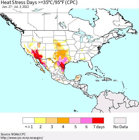 North America Heat Stress Days >=35°C/95°F (CPC) Thematic Map For 6/27/2022 - 7/3/2022