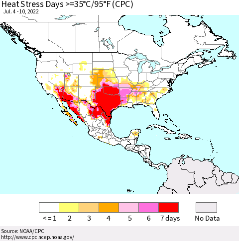 North America Heat Stress Days >=35°C/95°F (CPC) Thematic Map For 7/4/2022 - 7/10/2022
