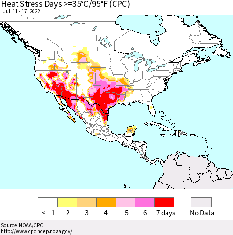 North America Heat Stress Days >=35°C/95°F (CPC) Thematic Map For 7/11/2022 - 7/17/2022