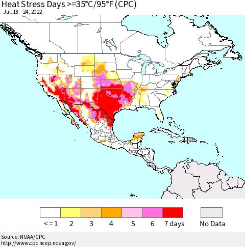 North America Heat Stress Days >=35°C/95°F (CPC) Thematic Map For 7/18/2022 - 7/24/2022