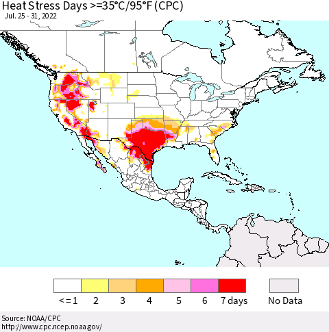 North America Heat Stress Days >=35°C/95°F (CPC) Thematic Map For 7/25/2022 - 7/31/2022