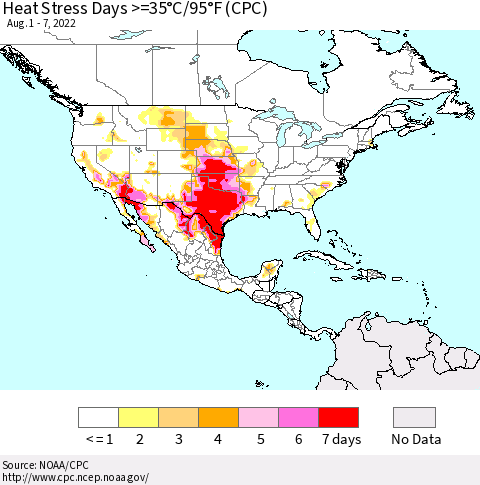 North America Heat Stress Days >=35°C/95°F (CPC) Thematic Map For 8/1/2022 - 8/7/2022