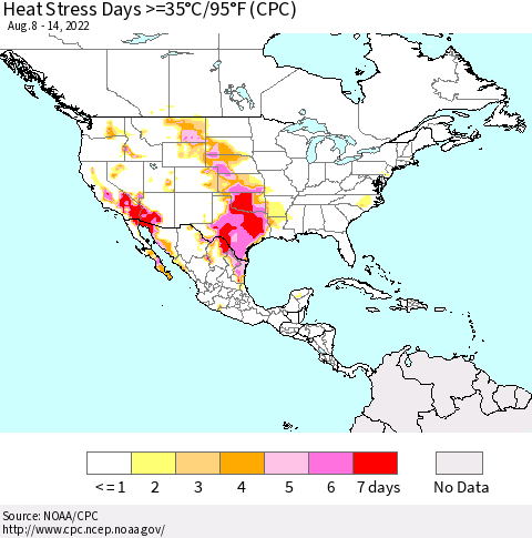 North America Heat Stress Days >=35°C/95°F (CPC) Thematic Map For 8/8/2022 - 8/14/2022