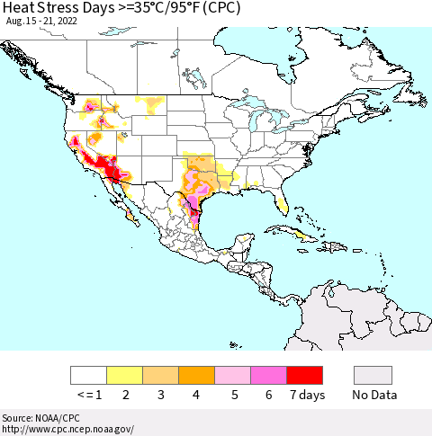 North America Heat Stress Days >=35°C/95°F (CPC) Thematic Map For 8/15/2022 - 8/21/2022