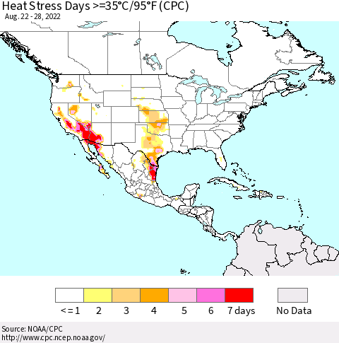 North America Heat Stress Days >=35°C/95°F (CPC) Thematic Map For 8/22/2022 - 8/28/2022