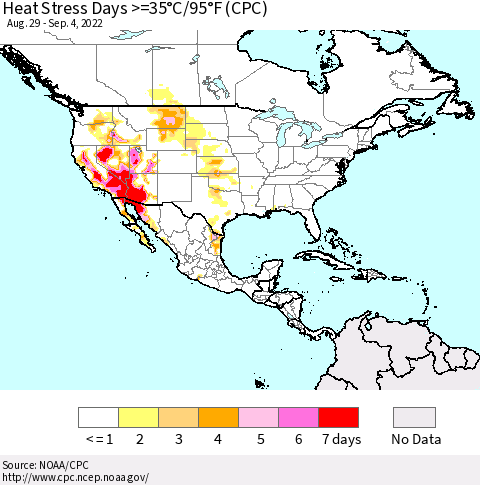 North America Heat Stress Days >=35°C/95°F (CPC) Thematic Map For 8/29/2022 - 9/4/2022