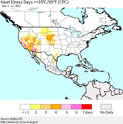 North America Heat Stress Days >=35°C/95°F (CPC) Thematic Map For 9/5/2022 - 9/11/2022