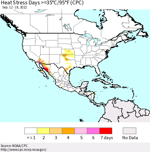 North America Heat Stress Days >=35°C/95°F (CPC) Thematic Map For 9/12/2022 - 9/18/2022