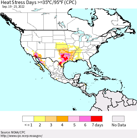 North America Heat Stress Days >=35°C/95°F (CPC) Thematic Map For 9/19/2022 - 9/25/2022