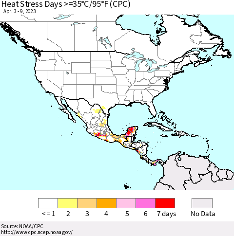 North America Heat Stress Days >=35°C/95°F (CPC) Thematic Map For 4/3/2023 - 4/9/2023