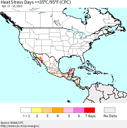 North America Heat Stress Days >=35°C/95°F (CPC) Thematic Map For 4/17/2023 - 4/23/2023