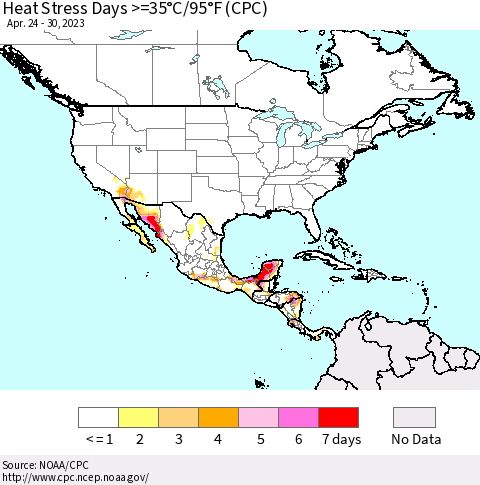 North America Heat Stress Days >=35°C/95°F (CPC) Thematic Map For 4/24/2023 - 4/30/2023