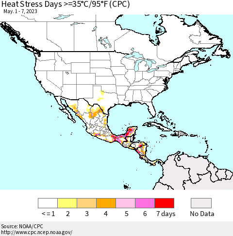 North America Heat Stress Days >=35°C/95°F (CPC) Thematic Map For 5/1/2023 - 5/7/2023