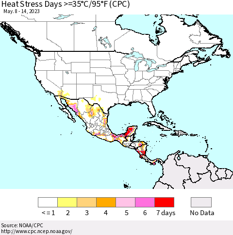 North America Heat Stress Days >=35°C/95°F (CPC) Thematic Map For 5/8/2023 - 5/14/2023