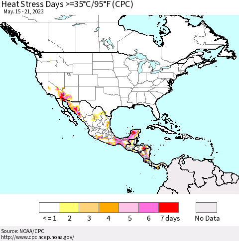 North America Heat Stress Days >=35°C/95°F (CPC) Thematic Map For 5/15/2023 - 5/21/2023