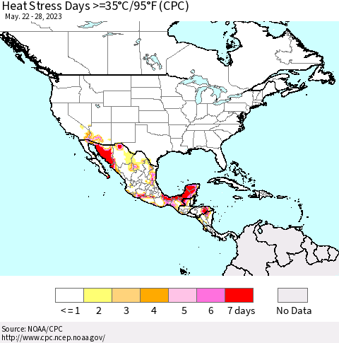 North America Heat Stress Days >=35°C/95°F (CPC) Thematic Map For 5/22/2023 - 5/28/2023