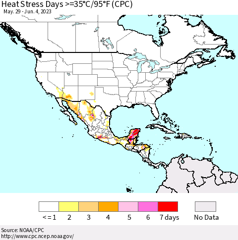 North America Heat Stress Days >=35°C/95°F (CPC) Thematic Map For 5/29/2023 - 6/4/2023