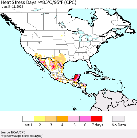 North America Heat Stress Days >=35°C/95°F (CPC) Thematic Map For 6/5/2023 - 6/11/2023