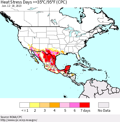 North America Heat Stress Days >=35°C/95°F (CPC) Thematic Map For 6/12/2023 - 6/18/2023