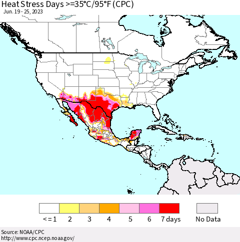 North America Heat Stress Days >=35°C/95°F (CPC) Thematic Map For 6/19/2023 - 6/25/2023