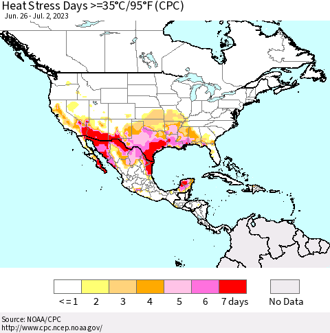 North America Heat Stress Days >=35°C/95°F (CPC) Thematic Map For 6/26/2023 - 7/2/2023