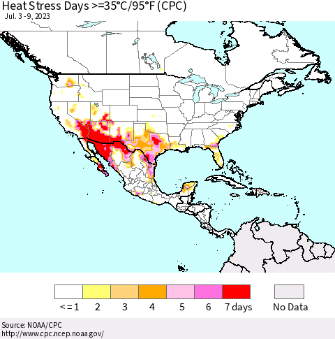 North America Heat Stress Days >=35°C/95°F (CPC) Thematic Map For 7/3/2023 - 7/9/2023